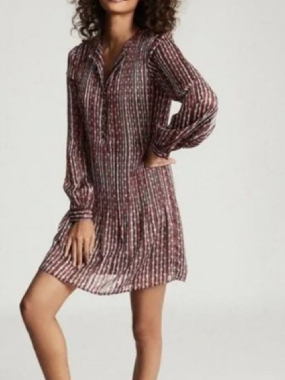 REISS Celia Geo Print Pleated Mini Dress Black Pink Striped Long Sleeve US 4
